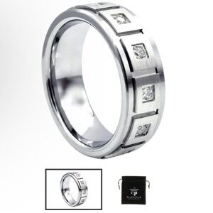 Mens Tungsten Ring with a Square Design and Imbedded Cubic Zirconia